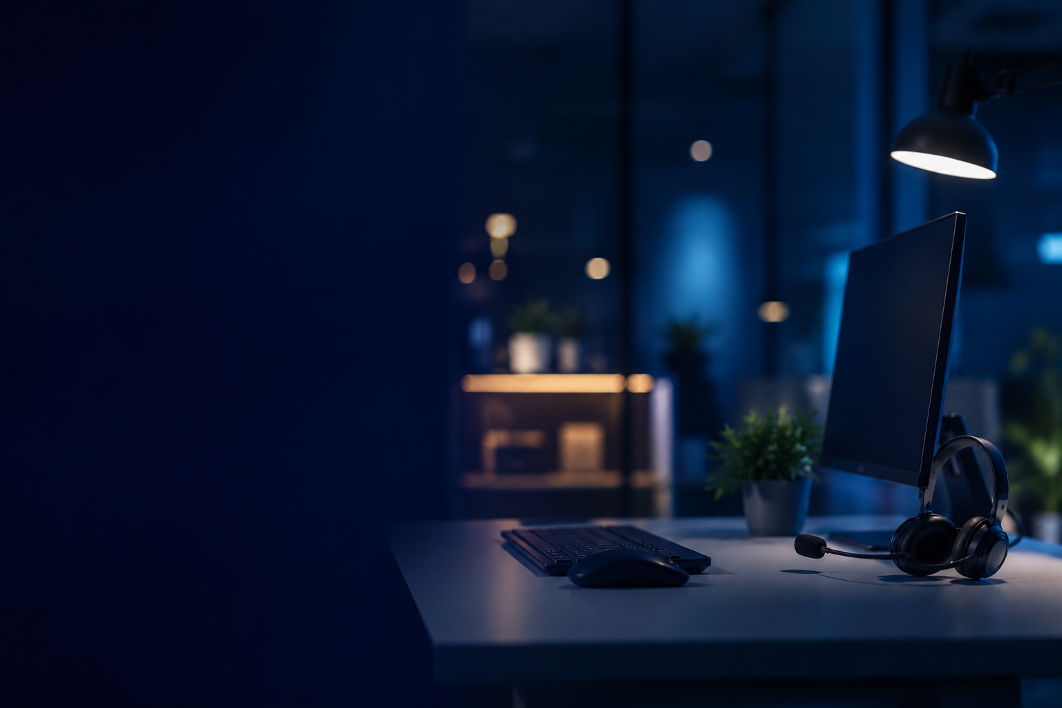 Modern office interior with dramatic lighting and clean lines